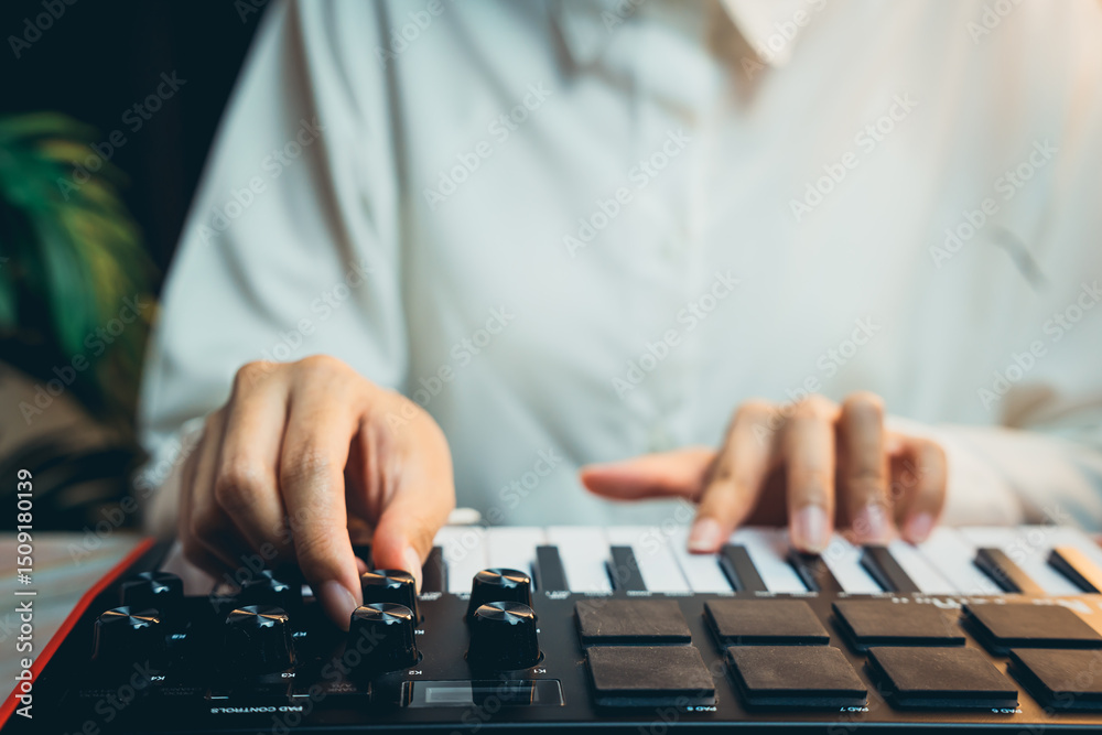 Fototapeta premium Pianist Concept. Person Playing Electronic Keyboard with Focused Expression While Creating Music in a Comfortable Setting