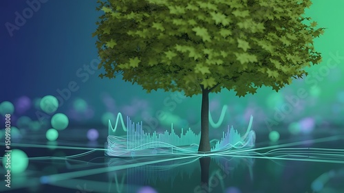 A tree with a digital overlay of a city skyline, blending nature and urban life in a creative visual representation.