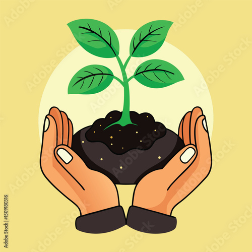 Hands holding a young plant in soil representing environmental care and growth