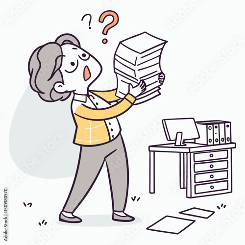 Overwhelmed office worker holding paperwork seeking clarity with question mark on white background illustration