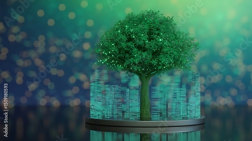 A tree with a digital overlay of a city skyline, blending nature and urban life in a creative visual representation.