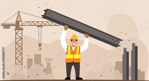 Construction Worker Lifting Steel Beam: A Powerful Image of Construction and Industry