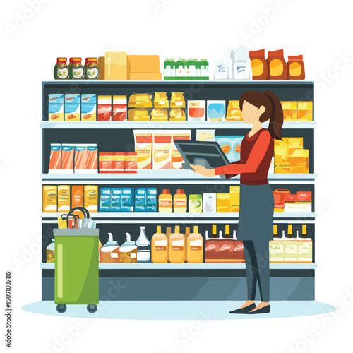 Professional Vector Illustration of Supermarket Shelf with Products and Cashier