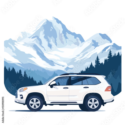 Off-Road SUV Vehicle On Mountain Landscape Vector Illustration for Adventure Travel Promotions