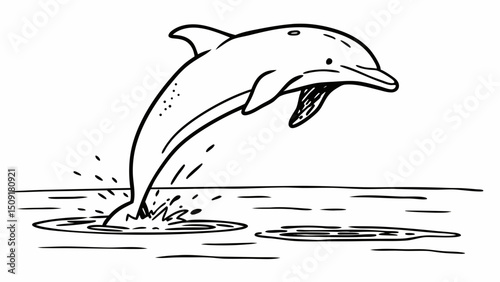 dolphin jumping out of water, black and white illustration