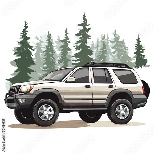 Off-Road SUV Sport Vehicle in Lush Green Forest - Vector Illustration