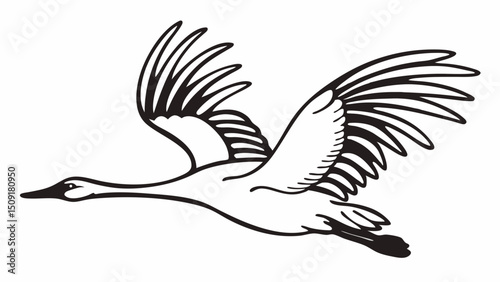 A stylized illustration of a flying crane or heron bird,