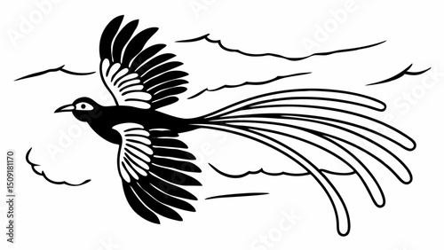 silhouette of a bird in flight, long flowing feathers