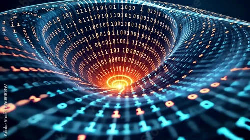 Abstract Vortex of Binary Code in Digital Tunnel with Glowing Orange Center and Blue Numbers