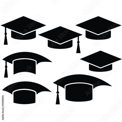 A collection of black graduation mortarboards and tassels isolated on white background