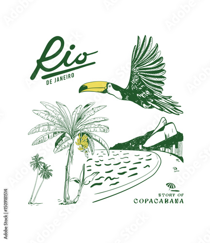 Rio de Janeiro hand drawn vector art, Summer beach vector design, Retro vintage tropical beach artwork for t shirt, poster, graphic print