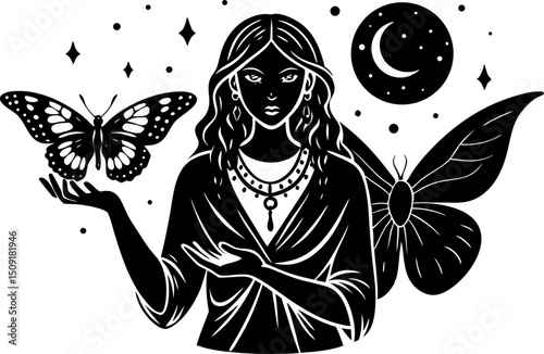 Mystical Moon Phases and sacred butterfly in hands of fortune teller.