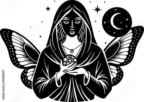 Mystical Moon Phases and sacred butterfly in hands of fortune teller.