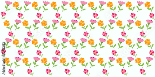 Bright Colorful Floral Pattern with Pink and Orange Flowers on White Background