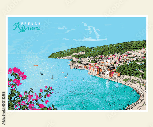 French Riviera landscape hand drawn vector art, European summer vacation illustration, French summer holiday travel art