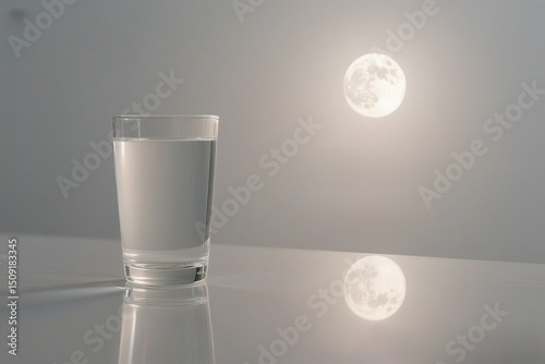 A minimalist image features a glass of water reflecting the moon, symbolizing purity, tranquility, and the connection between nature and essential elements