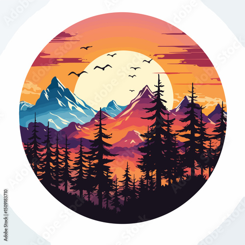 Scenic Summer Sunset: Trees on Mountain Horizon with Vibrant Sky Background