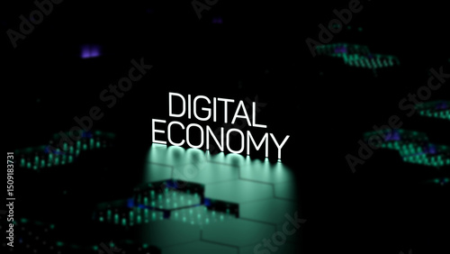 Digital economy text,neon glowing lettering,e-commerce business concept,wallpaper.3D render