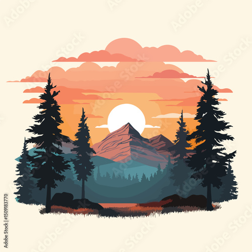 Scenic View of Trees on Mountain Horizon under Summer Sunset Sky