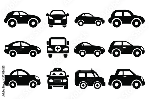 Collection of black and white car silhouettes featuring various vehicle types and styles