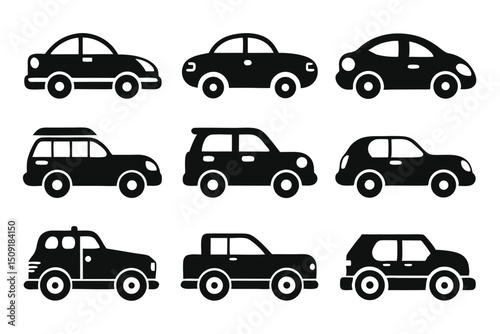 Collection of black and white car icons showing different car styles on white background