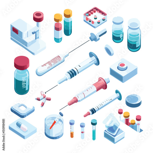 Isometric Icons Set for Tubes, Test, and Vaccination Medical Concepts