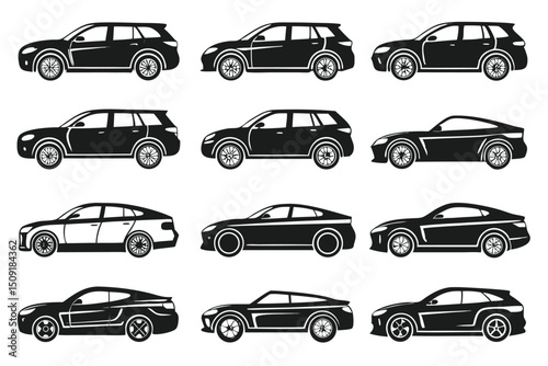 Black and white illustrations of different car styles suitable for automotive design concepts