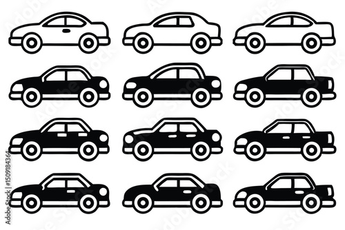 Simple black and white car illustrations representing various modern vehicle designs