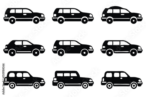 Black silhouette collection of diverse suv and car icons illustrating different vehicle styles
