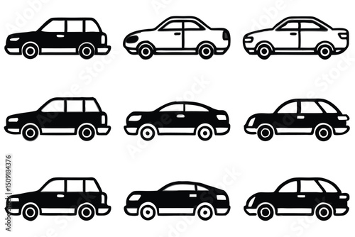 Set of illustrated car silhouettes in black and white for transportation and design projects