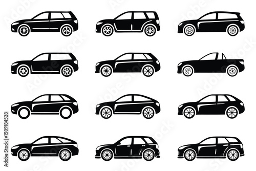 Collection of black car silhouettes showing various car styles and vehicle types