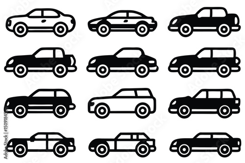 Collection of various car silhouettes in black and white perfect for transportation themes