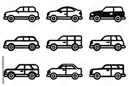 Collection of nine different car styles in simple black and white outlined vector illustrations