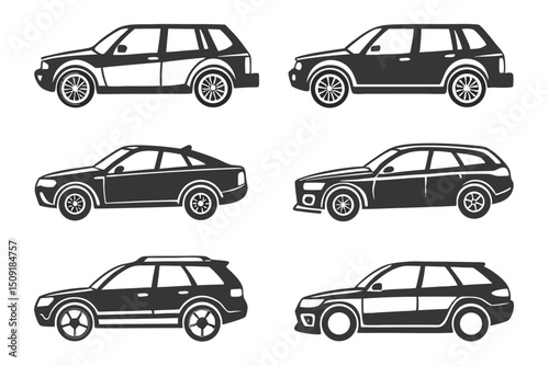 Collection of black and white car icons illustrating various modern automobile types