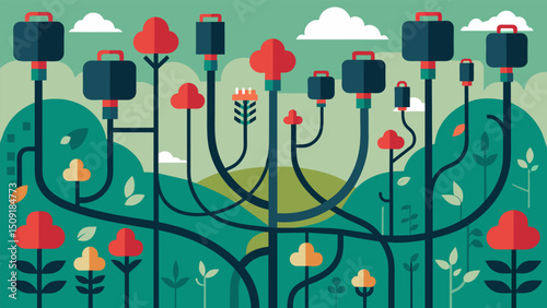 A forest of tangled wires and circuits with each tree bearing blooming s of zettabytes.. Vector illustration