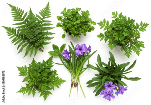 Aerial arrangement of various green plants and violet blooms on plain field photo