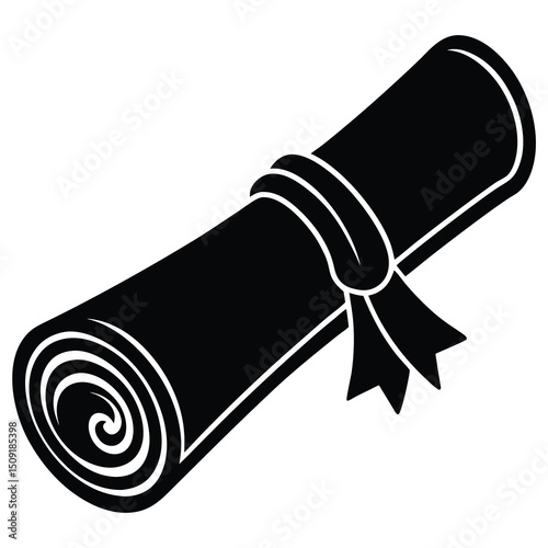 Elegant black and white silhouette of a rolled up diploma with a decorative ribbon