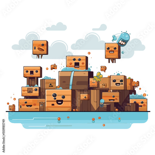 Pixelated Enemies and Characters in Videogame Scenery Vector Illustration