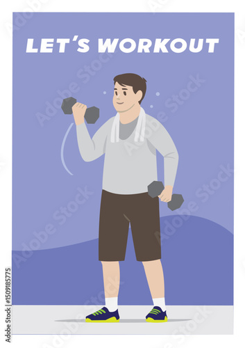Fat Man Lifting Dumbbells with Let's Workout text
