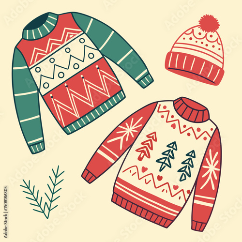 Festive hand drawn holiday sweater set with christmas trees and warm winter accessories