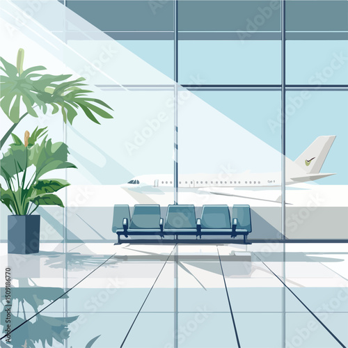 Modern airport waiting room with travelers sitting, plane taking off - Vector illustration