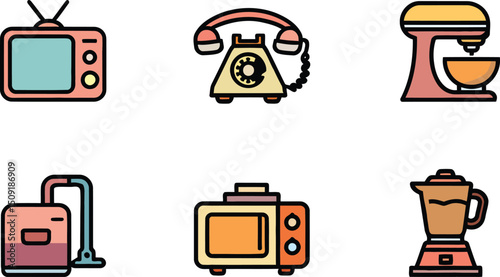 Flat Vector Illustration of Home Appliances on Black Background Kitchen Technology and Nostalgic Design Elements