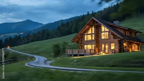 Embracing Tranquility A Cozy Log Cabin Glows Amidst Twilight Mountains with soft cinematic blue hour