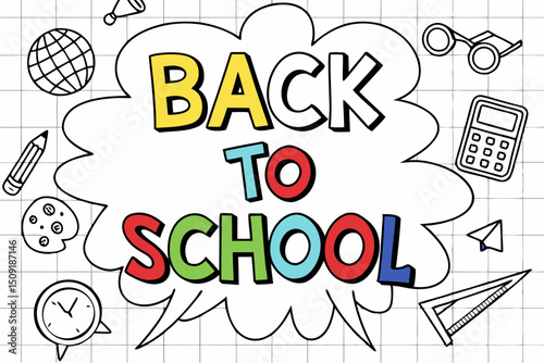 A vibrant and playful comic-style illustration of a back to school poster. pop-art letters with halftone dot patterns, in bright red, yellow, blue, and green