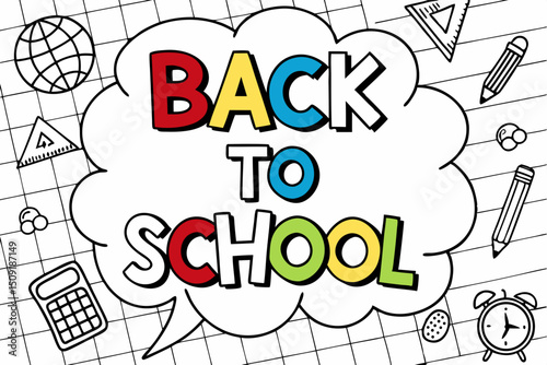 A vibrant and playful comic-style illustration of a back to school poster. pop-art letters with halftone dot patterns, in bright red, yellow, blue, and green