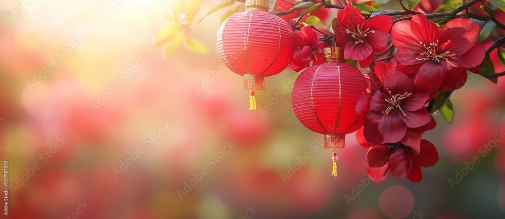 Fototapeta premium Red lanterns adorn branches in a sunny garden, forming a vibrant festive background for an Asian celebration