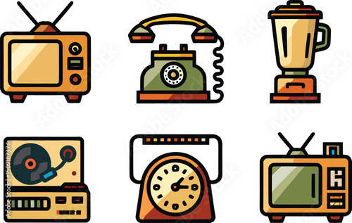 Flat Vector Illustration of Home Appliances on Black Background Kitchen Technology and Nostalgic Design Elements