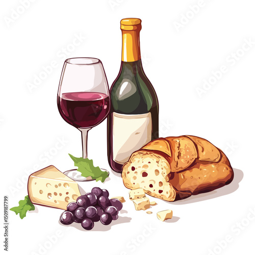 Elegant Wine Bottle, Bread, and Cheese Vector Illustration for Gourmet Dining Concept