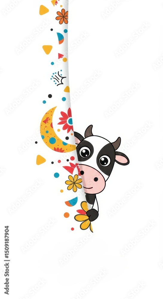 Fototapeta premium Adorable Cow Peeking Behind Colorful Floral Design