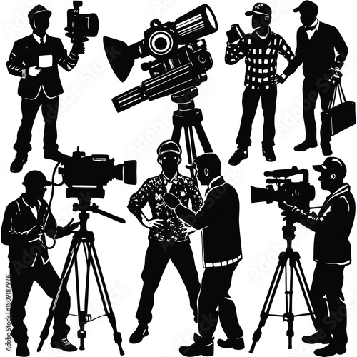 Silhouette illustration of journalists and videographers with equipment at a news event